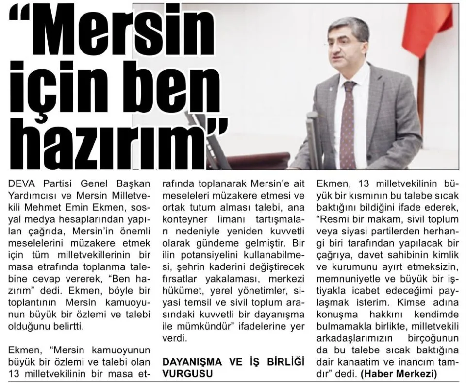 ''MERSİN İÇİN BEN HAZIRIM" — gazete kupürü