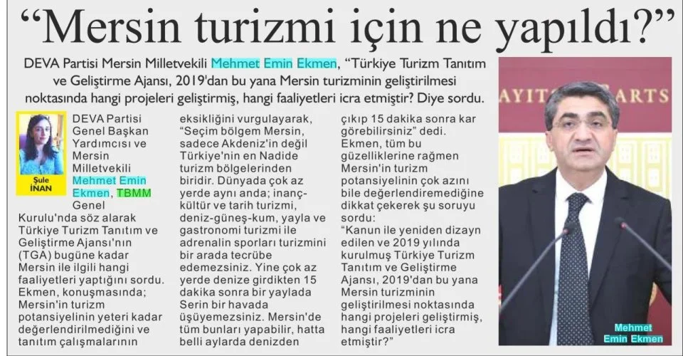 MERSİN TURİZMİ İÇİN NE YAPILDI? — gazete kupürü