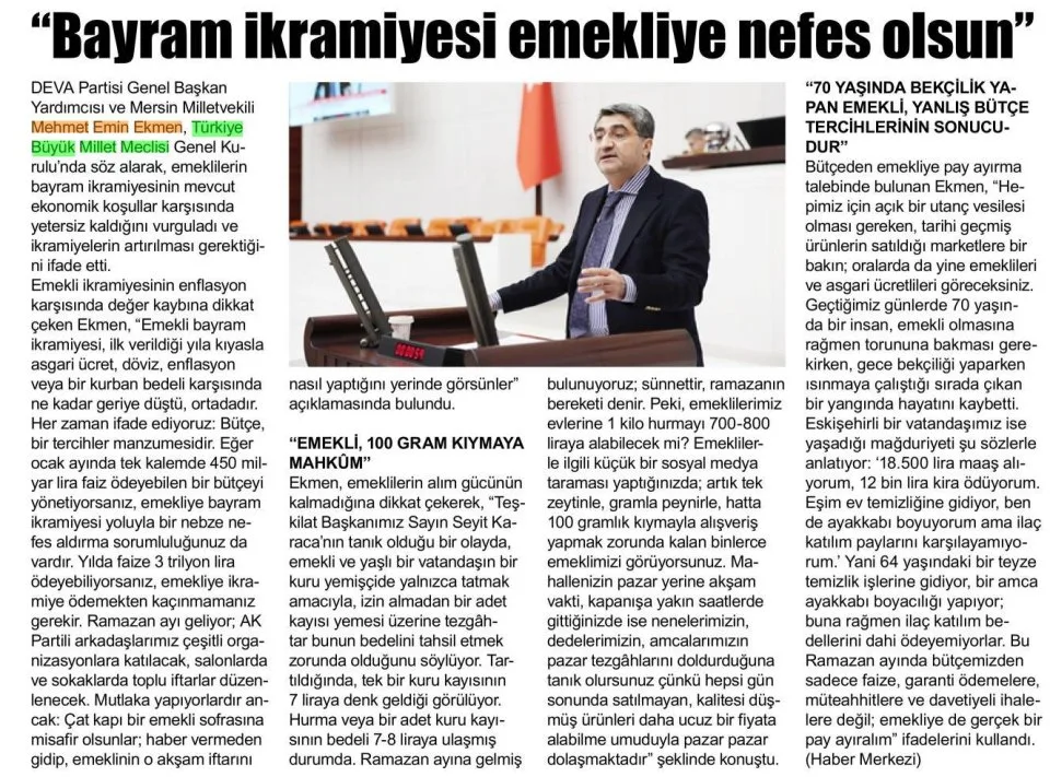 BAYRAM İKRAMİYESİ EMEKLİYE NEFES OLSUN — gazete kupürü