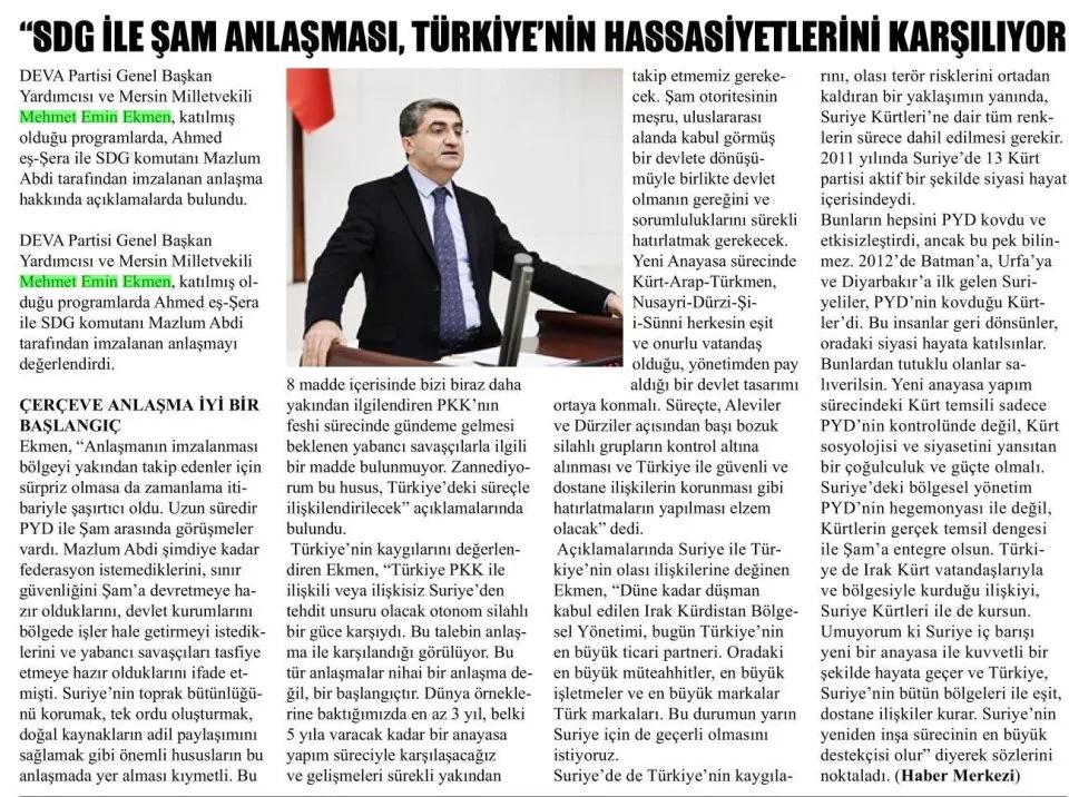 "SDG İLE ŞAM ANLAŞMASI — gazete kupürü