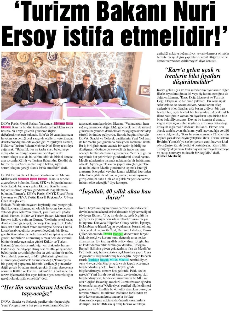 TURİZM BAKANI NURİ ERSOY İSTİFA ETMELDİR — gazete kupürü