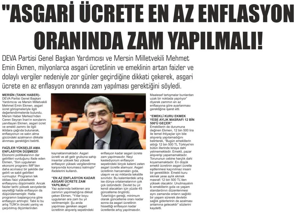 "ASGARİ ÜCRETE EN AZ ENFLASYON ORANINDA ZAM YAPILMALI!" — gazete kupürü