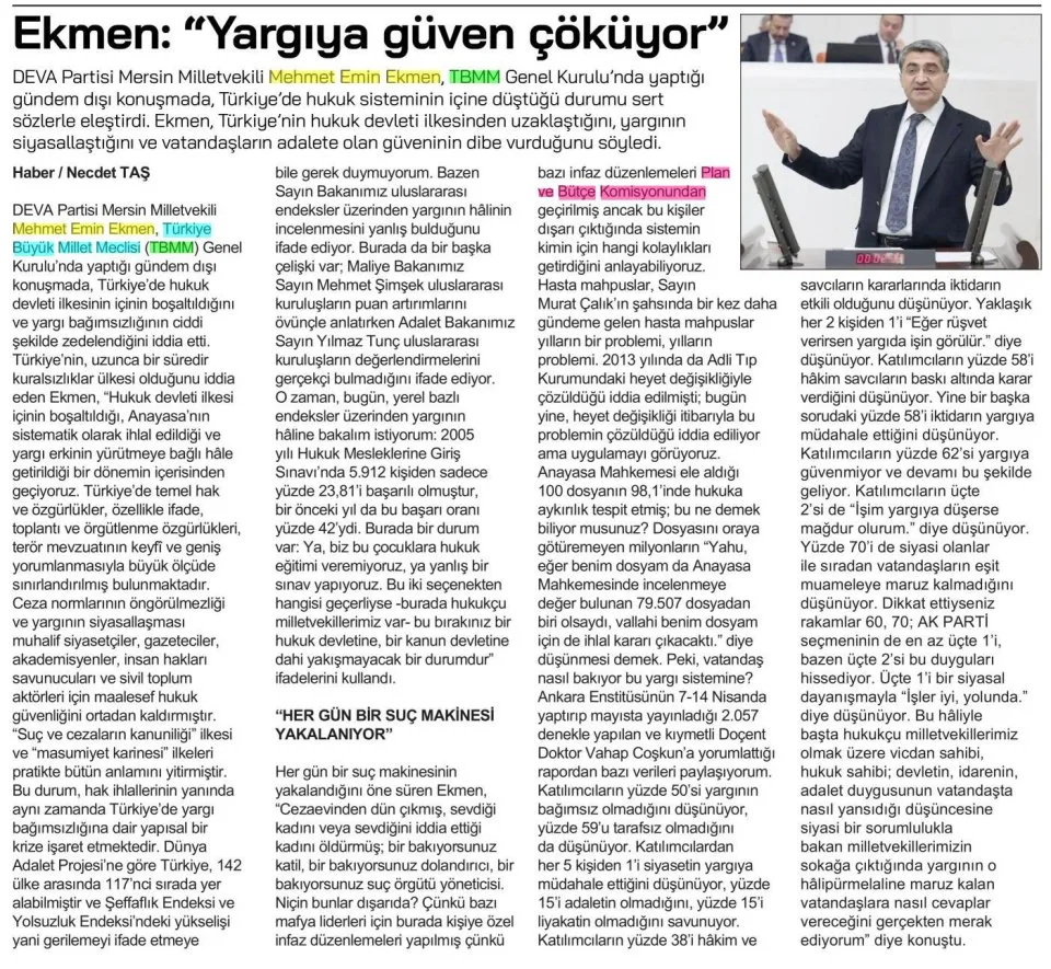 EKMEN: YARGIYA GÜVEN ÇÖKÜYOR — gazete kupürü