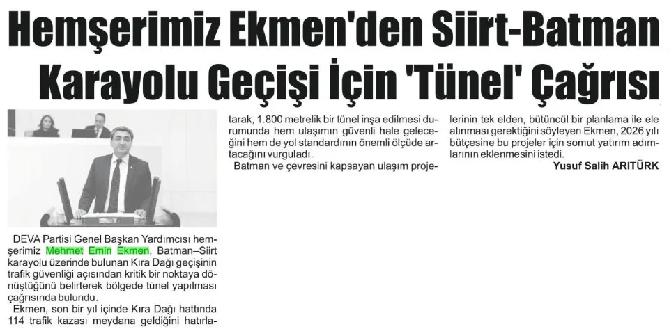 HEMŞERİMİZ EKMEN'DEN SİİRT-BATMAN KARAYOLU GEÇİŞİ İÇİN TÜNEL' ÇAĞRISI — gazete kupürü