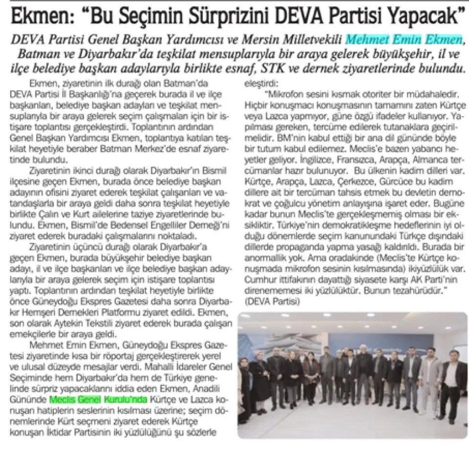 EKMEN: BU SEÇİMİN SÜRPRİZİNİ DEVA PARTİSİ YAPACAK — gazete kupürü