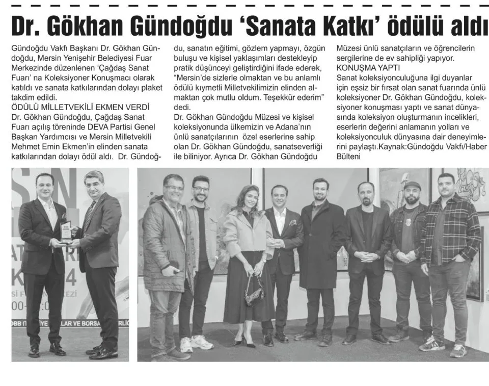 DR. GÖKHAN GÜNDOĞDU 'SANATA KATKI' ÖDÜLÜ ALDI — gazete kupürü