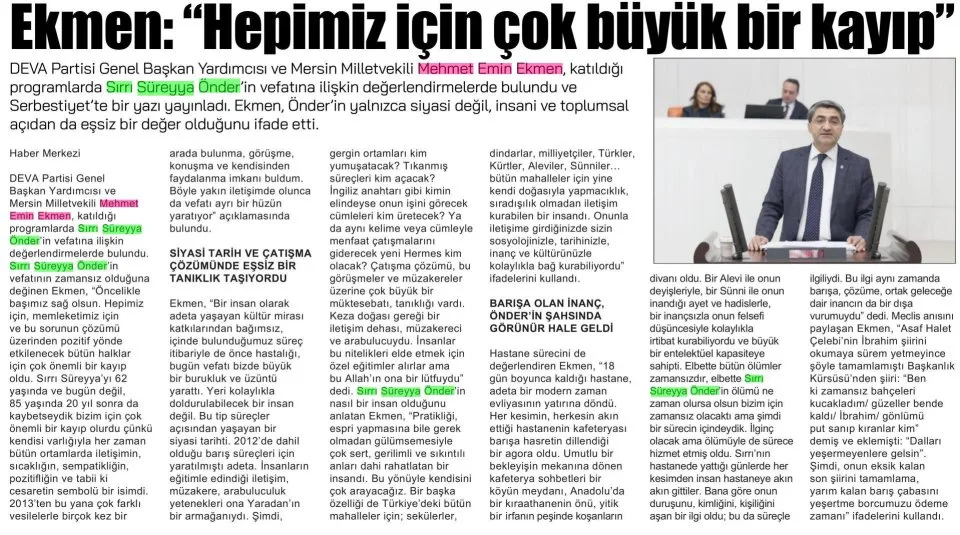 EKMEN: HEPİMİZ İÇİN ÇOK BÜYÜK BİR KAYIP — gazete kupürü