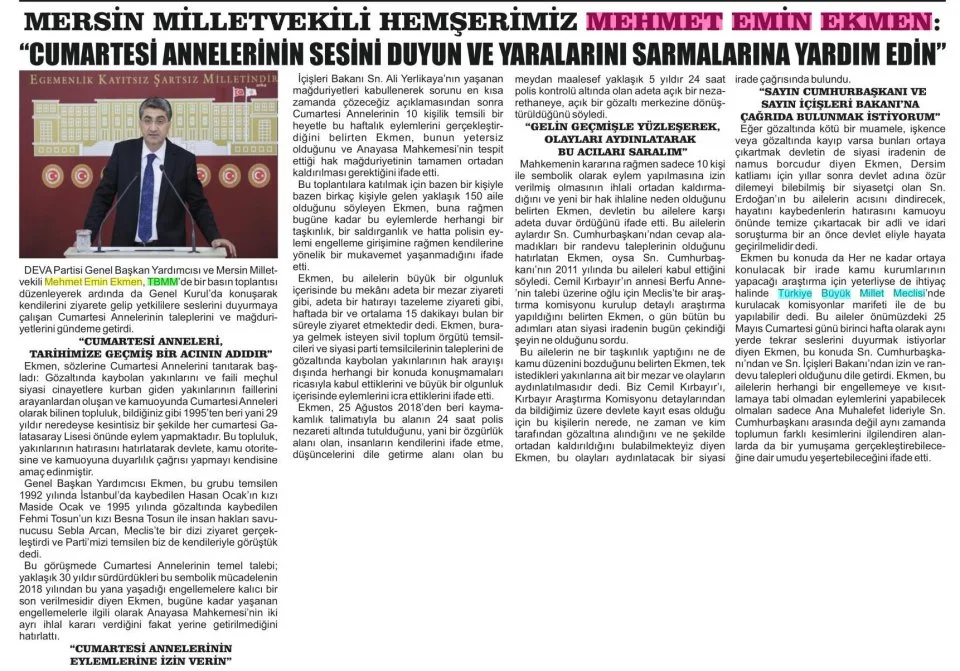 MERSİN MİLLETVEKİLİ HEMŞERİMİZ MEHMET EMİN EKMEN: "CUMARTESİ ANNELERİNİN SESİNİ DUYUN VE YARALARINI SARMALARINA YARDIM EDİN" — gazete kupürü