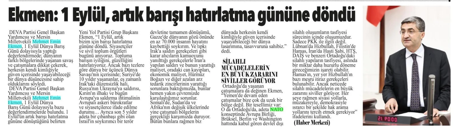 EKMEN'DEN BARIŞ ÇAĞRISI — gazete kupürü (2. parça)