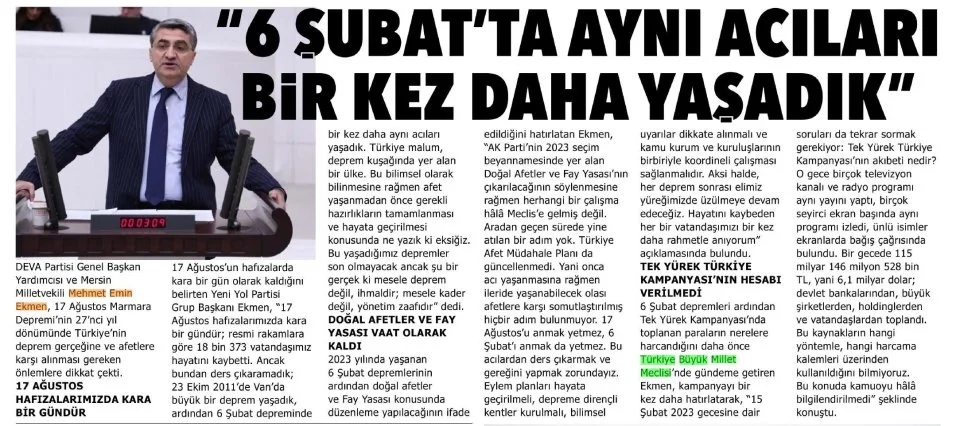 '6 ŞUBAT'TA AYNI ACILARI BİR KEZ DAHA YAŞADIK' — gazete kupürü