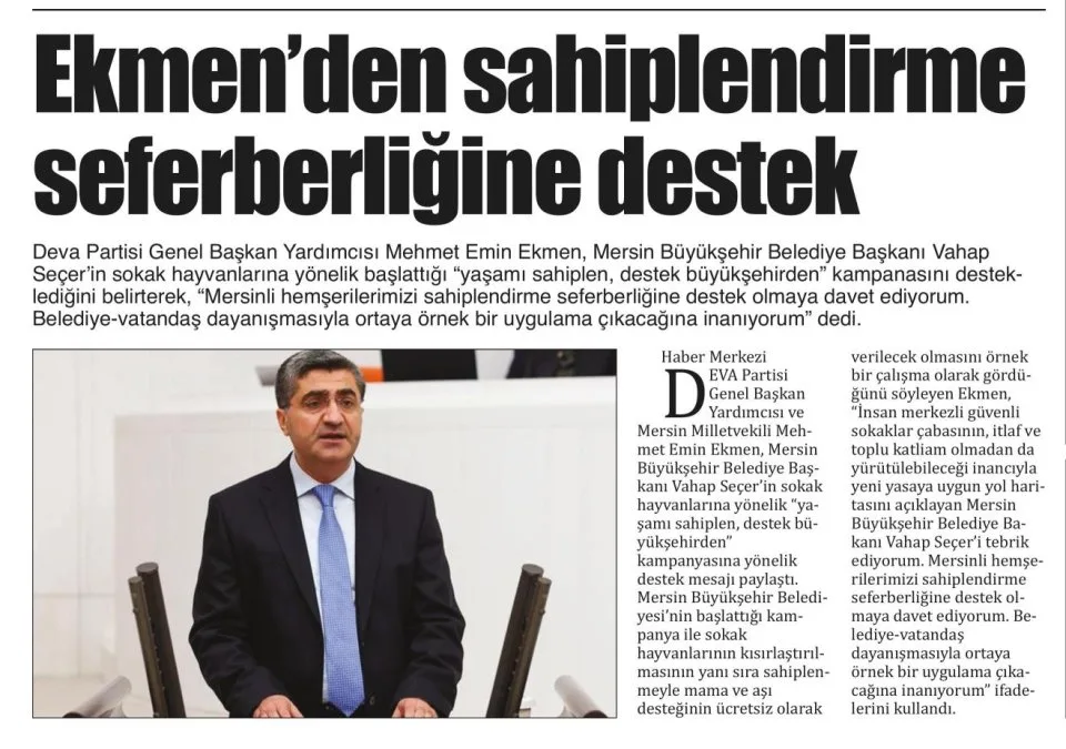 EKMEN'DEN SAHİPLENDİRME SEFERBERLİĞİNE DESTEK — gazete kupürü
