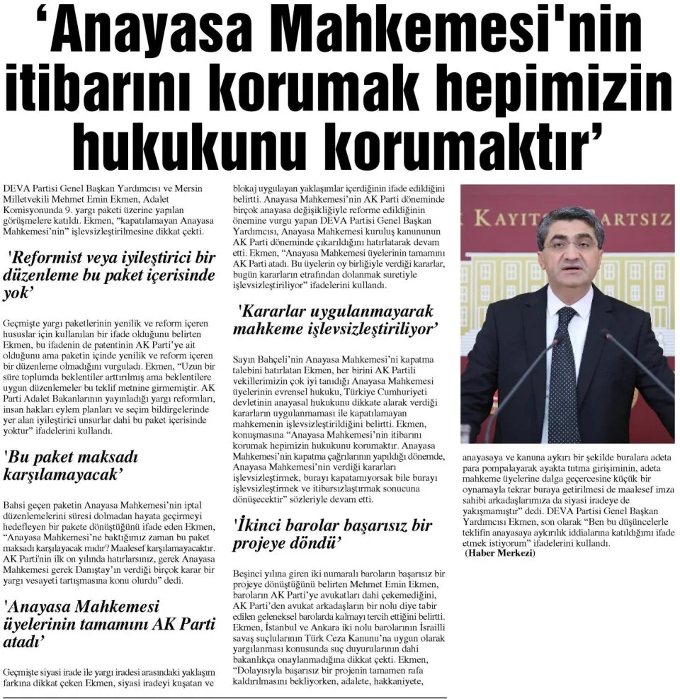 'ANAYASA MAHKEMESİ'NİN İTİBARINI KORUMAK HEPİMİZİN HUKUKUNU KORUMAKTIR' — gazete kupürü
