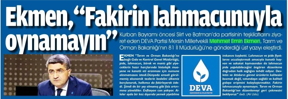 EKMEN FAKİRİN LAHMACUNUYLA OYNAMAYIN — gazete kupürü