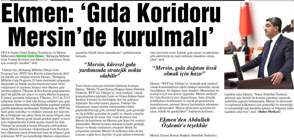 EKMEN: 'GIDA KORİDORU MERSİN'DE KURULMALI' — gazete kupürü