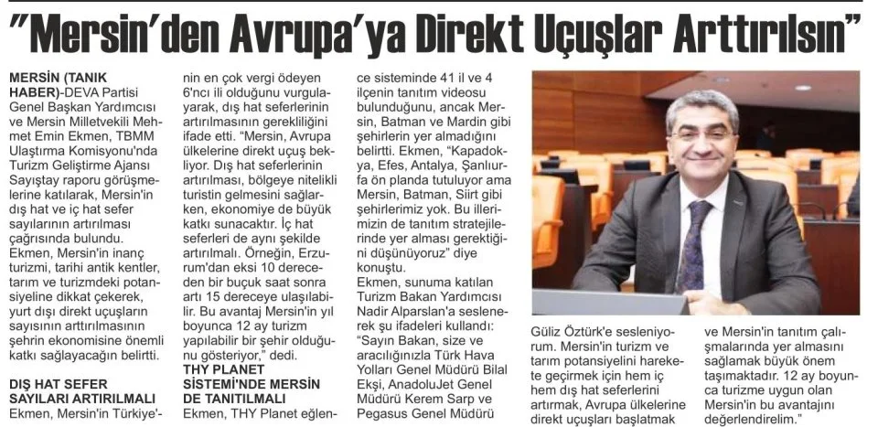 "MERSİN'DEN AVRUPA'YA DİREKT UÇUŞLAR ARTTIRILSIN" — gazete kupürü