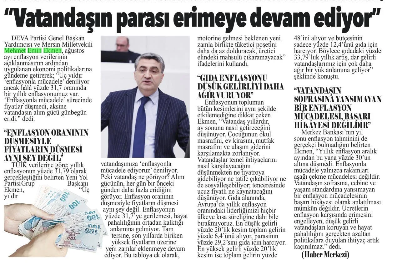"VATANDAŞIN PARASI ERİMEYE DEVAM EDİYOR" — gazete kupürü