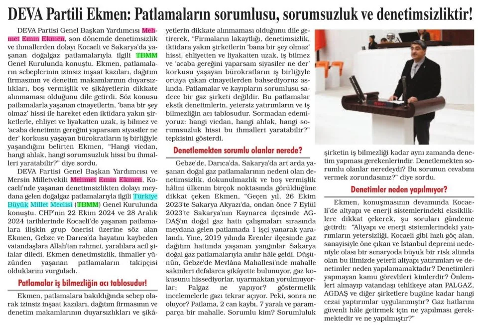 DEVA PARTİLİ EKMEN: PATLAMALARIN SORUMLUSU, SORUMSUZLUK VE DENETİMSİZLİKTİR! — gazete kupürü