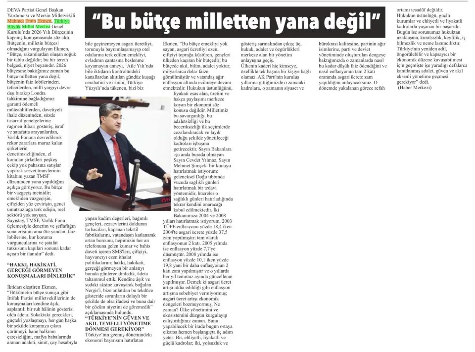 "BU BÜTÇE MİLLETTEN YANA DEĞİL" — gazete kupürü