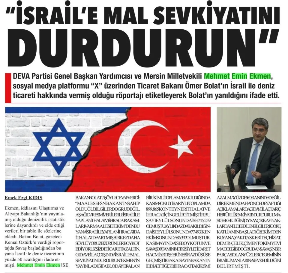 "İSRAİL'E MAL SEVKİYATINI DURDURUN — gazete kupürü
