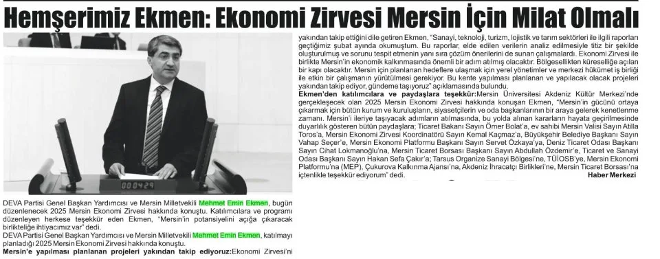 HEMŞERİMİZ EKMEN: EKONOMİ ZİRVESİ MERSİN İÇİN MİLAT OLMALI — gazete kupürü