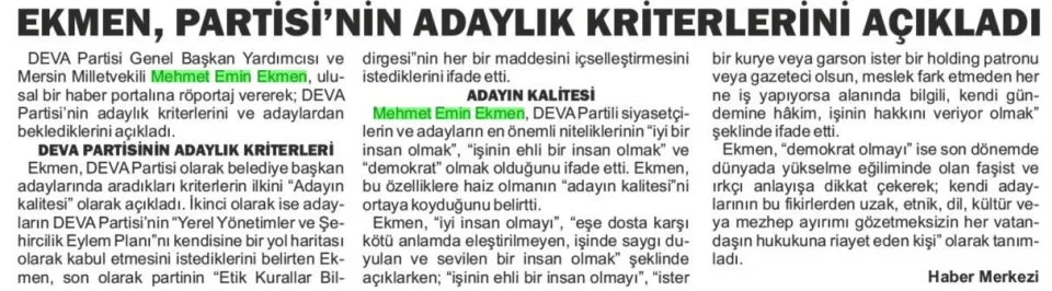 EKMEN, PARTİSİ'NİN ADAYLIK KRİTERLERİNİ AÇIKLADI — gazete kupürü