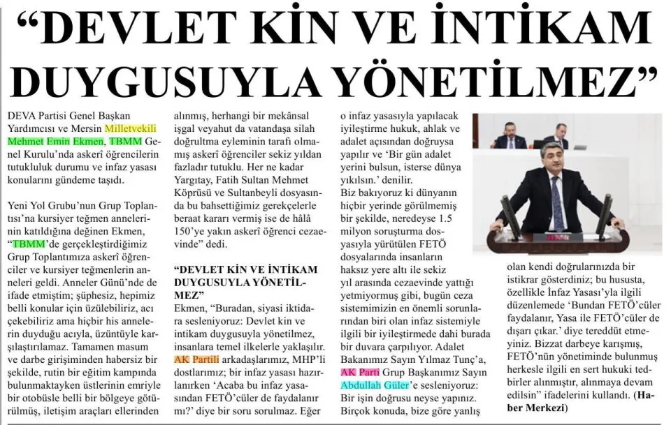 "DEVLET KIN VE İNTİKAM DUYGUSUYLA YÖNETİLMEZ'' — gazete kupürü
