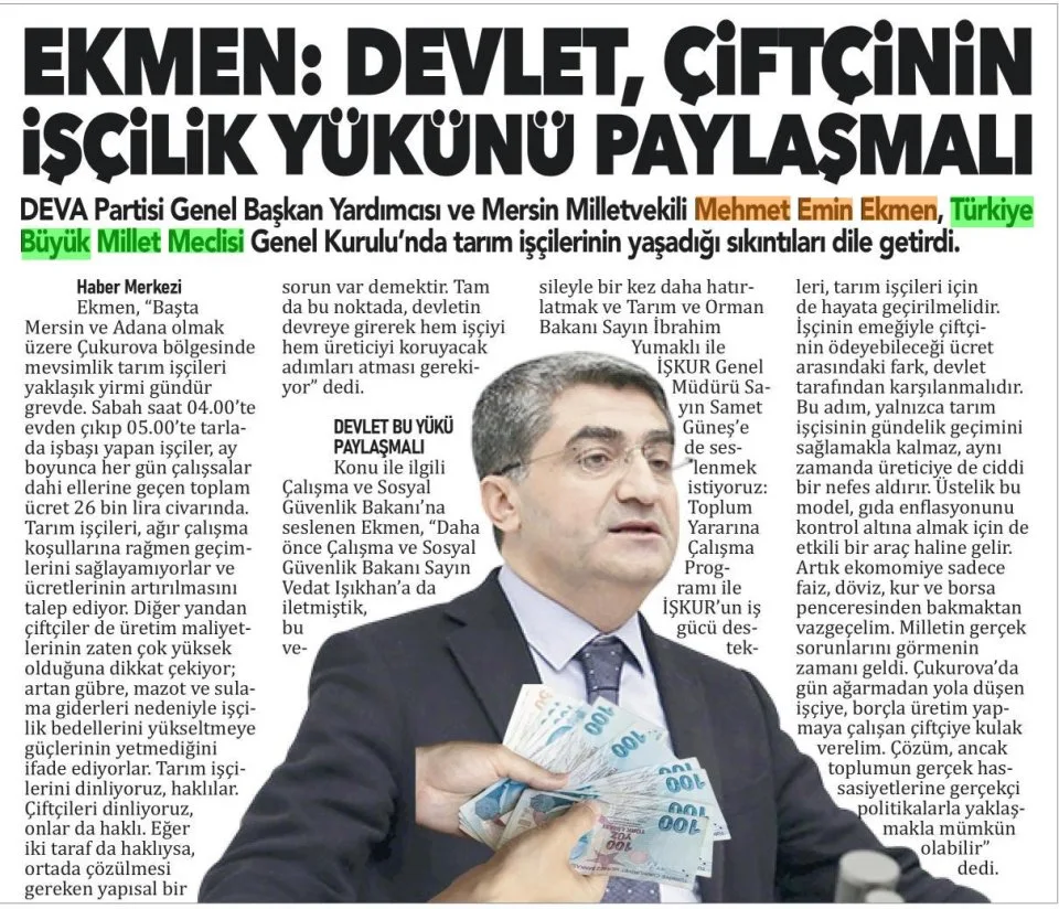 EKMEN: DEVLET, ÇİFTÇİNİN İŞÇİLİK YÜKÜNÜ PAYLAŞMALI — gazete kupürü