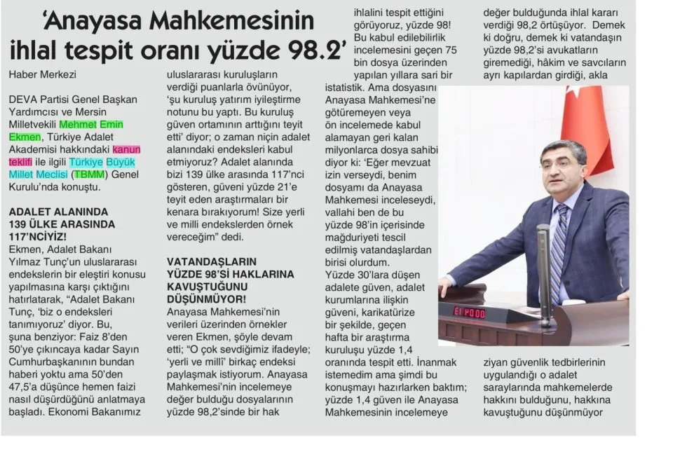ANAYASA MAHKEMESİNİN İHLAL TESPİT ORANI YÜZDE 98.2 — gazete kupürü