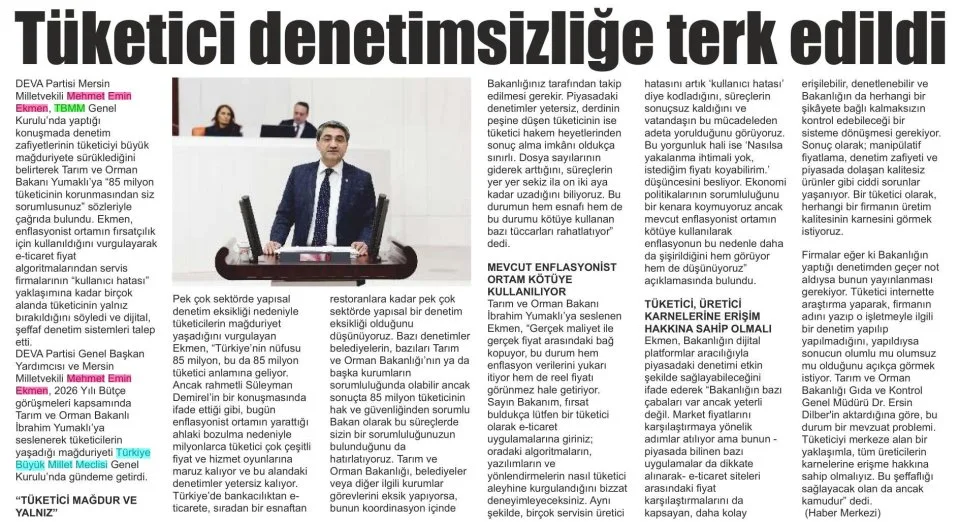 TÜKETİCİ DENETİMSİZLİĞE TERK EDİLDİ — gazete kupürü
