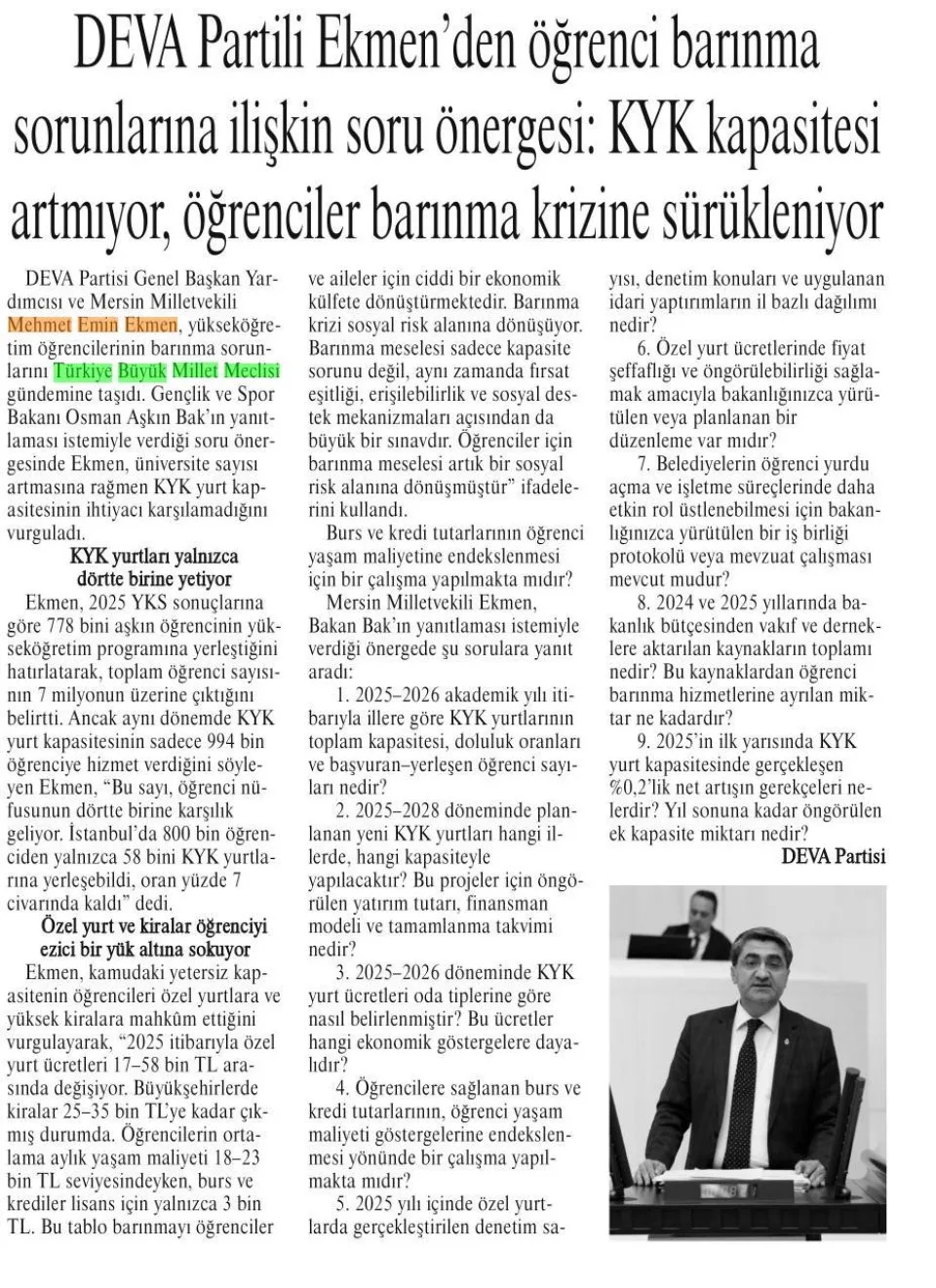 DEVA PARTİLİ EKMEN'DEN ÖĞRENCİ BARINMA SORUNLARINA İLİŞKİN SORU ÖNERGESİ — gazete kupürü