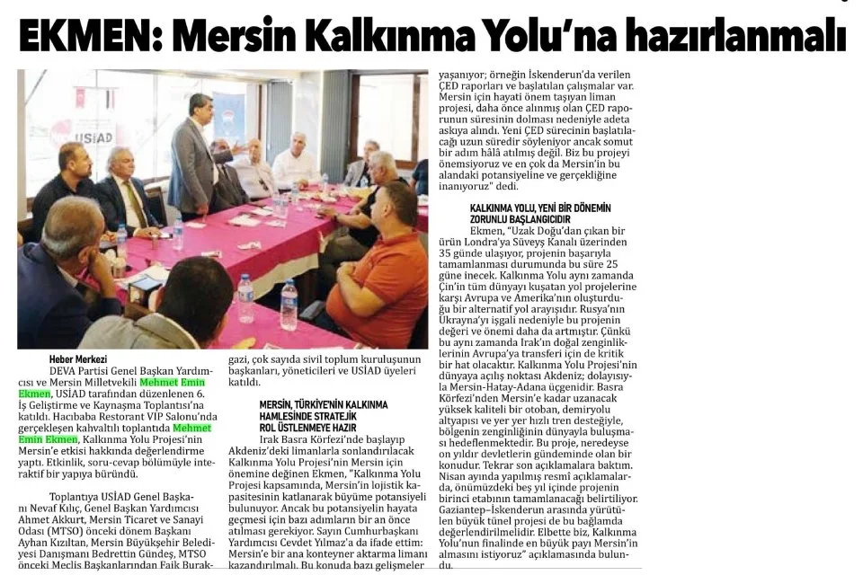 EKMEN: MERSİN KALKINMA YOLUNA HAZIRLANMALI — gazete kupürü