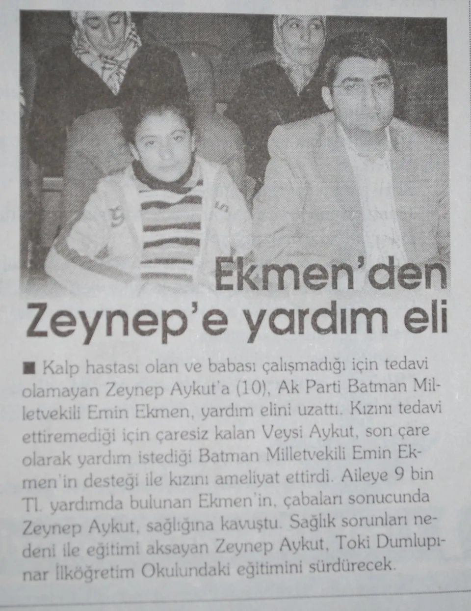 Ekmen'den Zeynep'e yardım eli — gazete kupürü