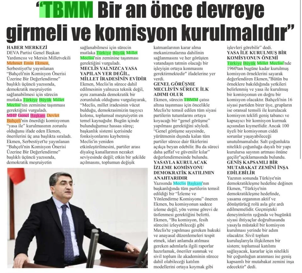 "TBMM BİR AN ÖNCE DEVREYE GİRMELİ VE KOMİSYON KURULMALIDIR'' — gazete kupürü