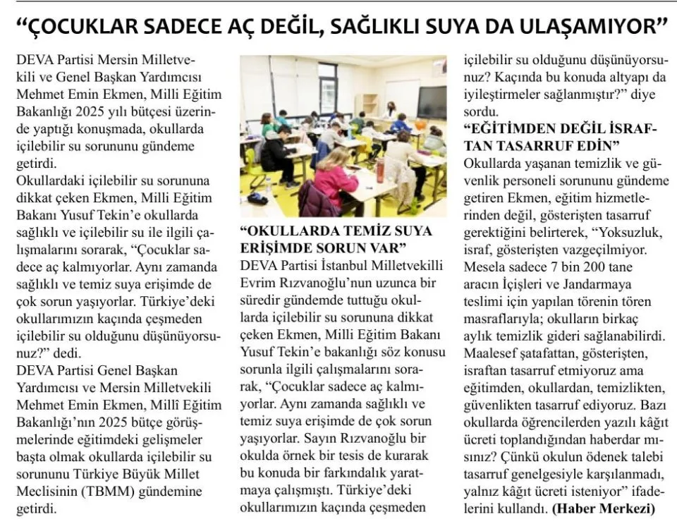 "ÇOCUKLAR SADECE AÇ DEĞİL, SAĞLIKLI SUYA DA ULAŞAMIYOR" — gazete kupürü