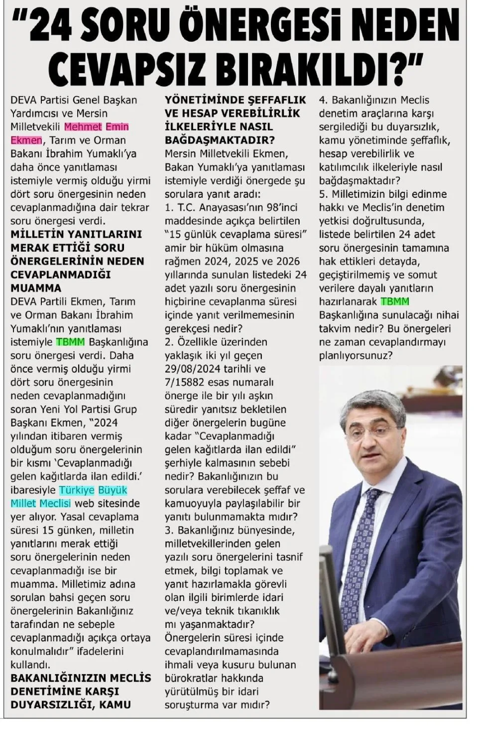 '24 SORU ÖNERGESİ NEDEN CEVAPSIZ BIRAKILD?' — gazete kupürü