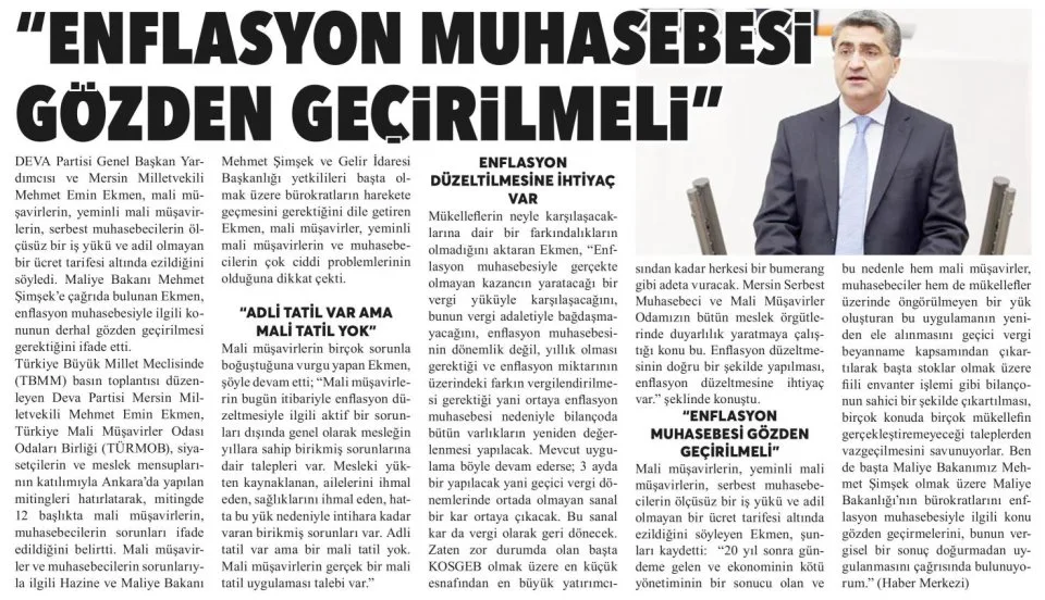 "ENFLASYON MUHASEBESİ GÖZDEN GEÇİRİLMELİ'' — gazete kupürü