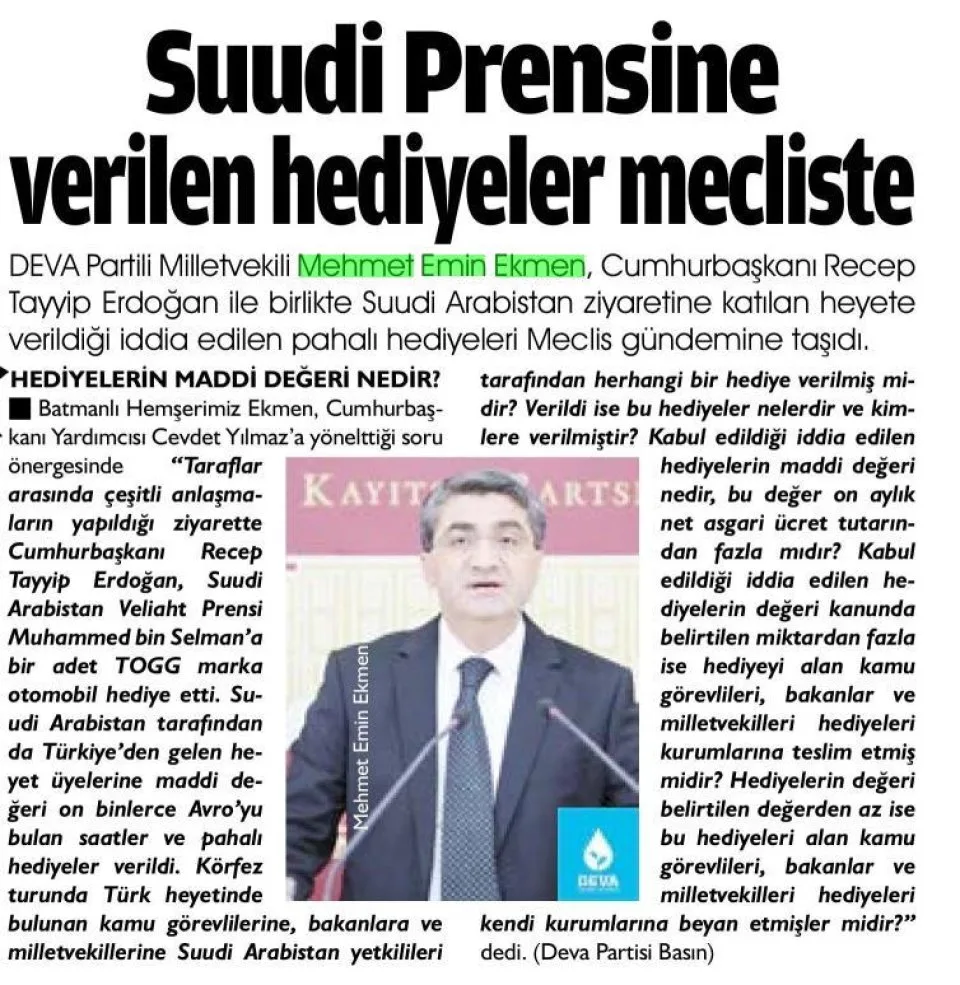 SUUDİ PRENSİNE VERİLEN HEDİYELER MECLİSTE — gazete kupürü