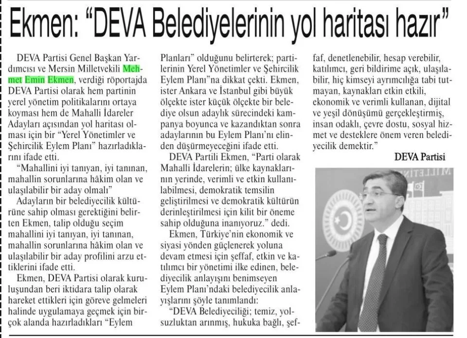 EKMEN: DEVA BELEDİYELERİNİN YOL HARİTASI HAZIR — gazete kupürü