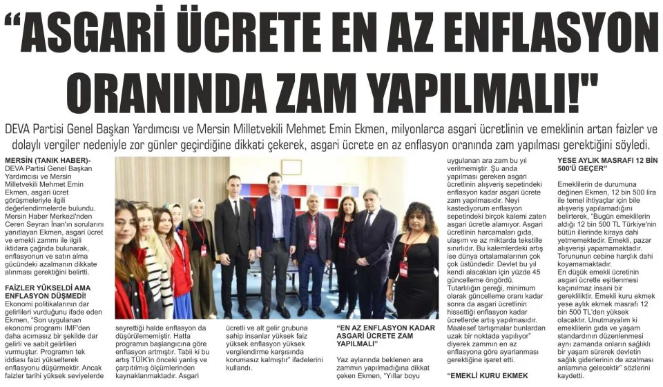 "ASGARİ ÜCRETE EN AZ ENFLASYON ORANINDA ZAM YAPILMALI!" — gazete kupürü
