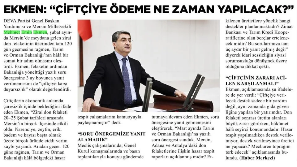 "ÇİFTÇİYE ÖDEME NE ZAMAN YAPILACAK" — gazete kupürü