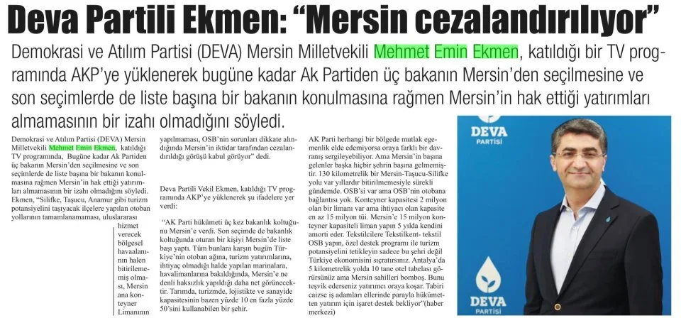 DEVA PARTİLİ EKMEN: MERSİN CEZALANDIRILIYOR — gazete kupürü