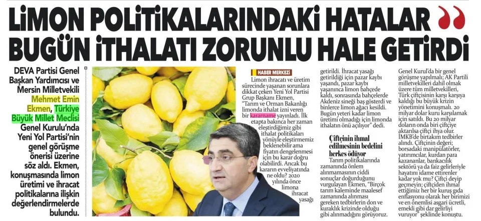 "ÇİFTÇİNİN İHMAL EDİLMESİNİN BEDELİNİ HERKES ÖDÜYOR" — gazete kupürü