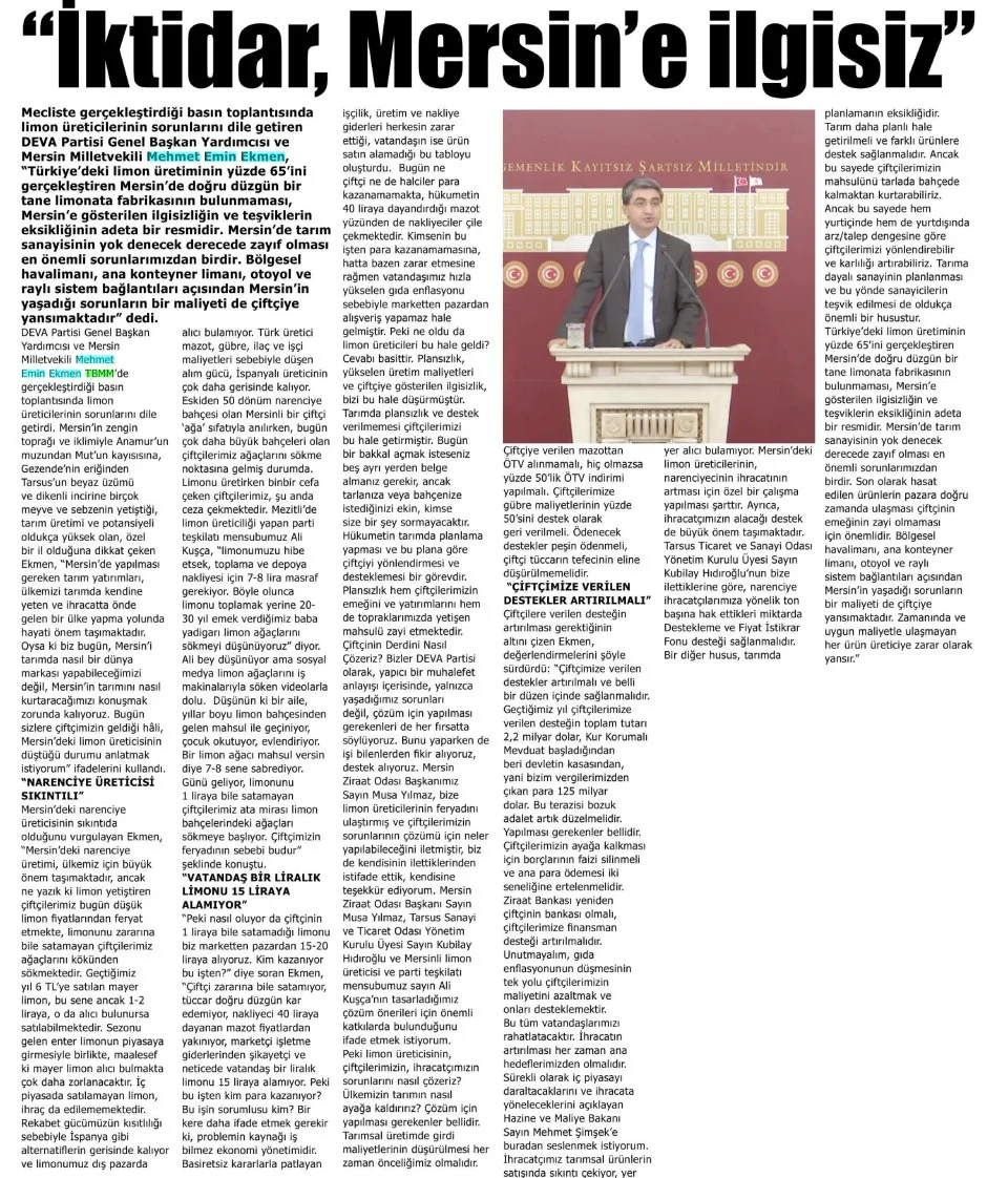 İKTİDAR MERSİN'E İLGİSİZ — gazete kupürü