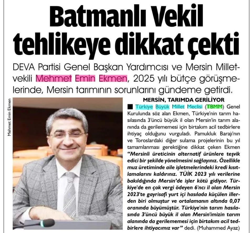 BATMANLI VEKİL TEHLİKEYE DİKKAT ÇEKTİ — gazete kupürü