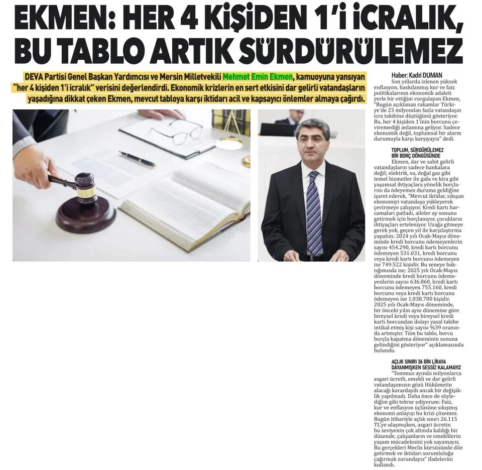 "HER 4 KİŞİDEN 1'İ İCRALIK, BU TABLO ARTIK SÜRDÜRÜLEMEZ — gazete kupürü