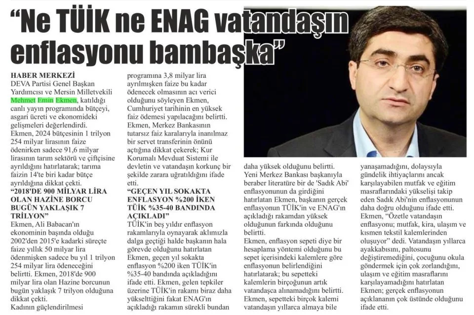 "NE TUIK NE ENAG VATTANDAŞIN ENFLASYONU BAMBAŞKA" — gazete kupürü