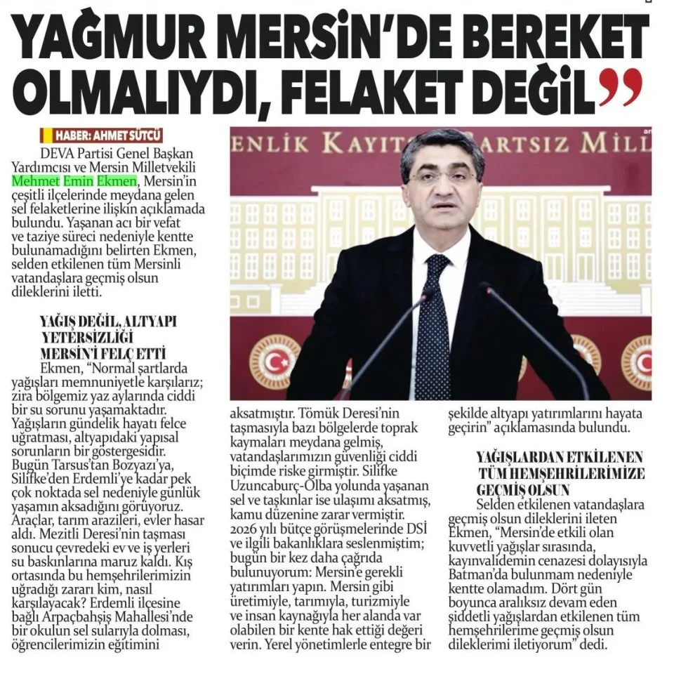 YAĞMUR MERSİN'DE BEREKET OLMALIYDI — gazete kupürü
