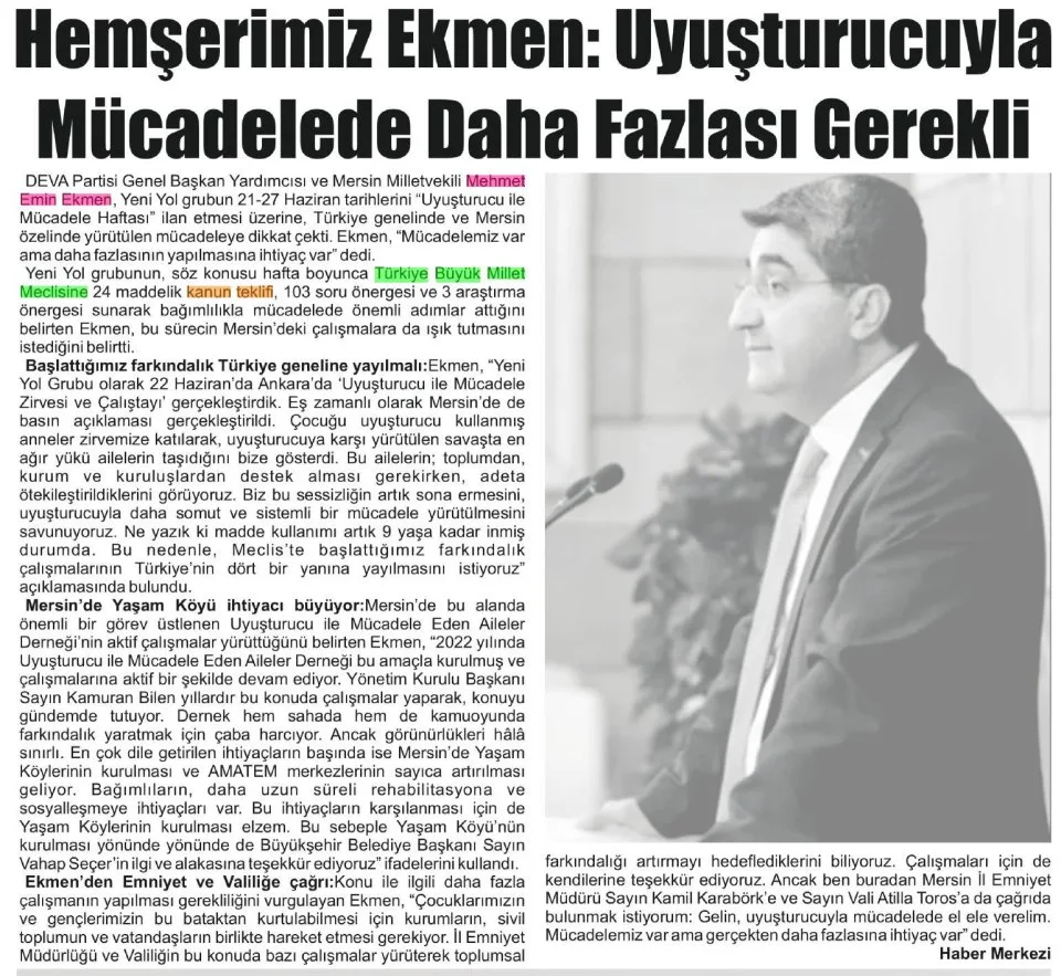 HEMŞERİMİZ EKMEN : UYUŞTURUCUYLA MÜCADELEDE DAHA FAZLASI GEREKLİ — gazete kupürü