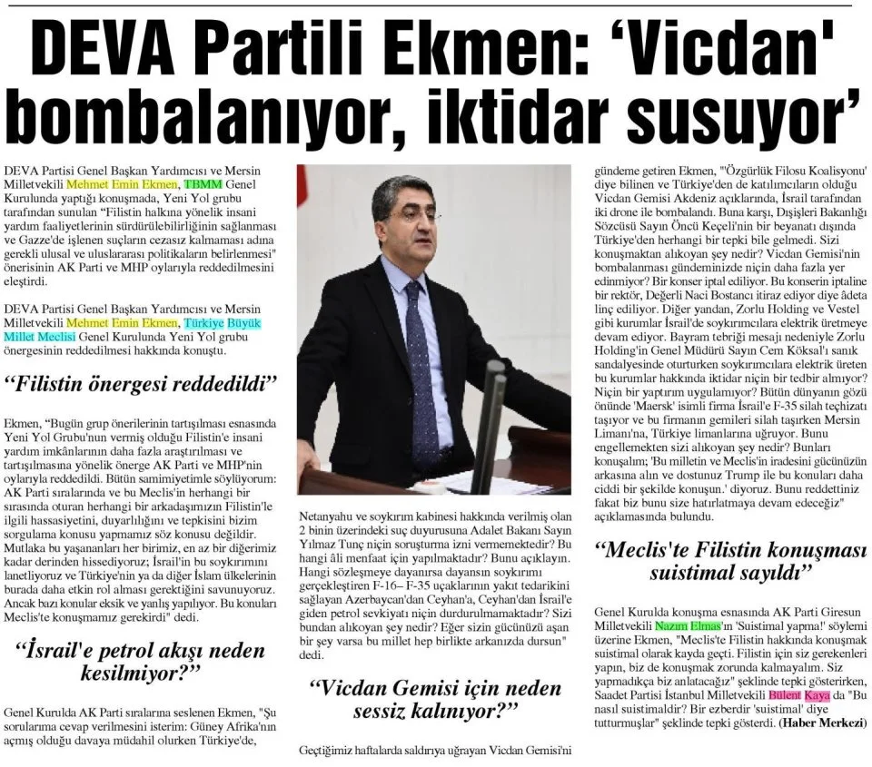DEVA PARTİLİ EKMEN : VİCDAN BOMBALANIYOR, İKTİDAR SUSUYOR — gazete kupürü