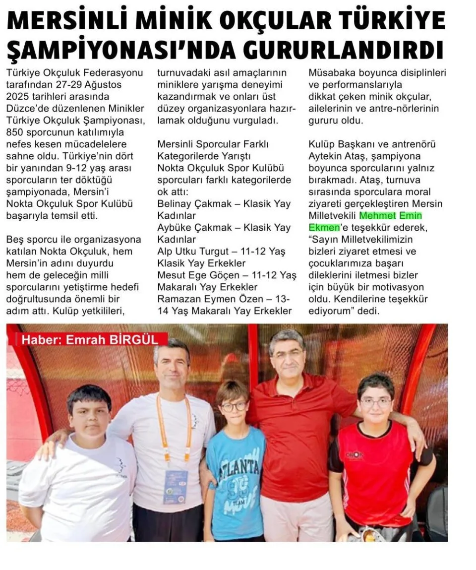 MERSİNLİ MİNİK OKÇULAR TÜRKİYE ŞAMPİYONASI'NDA GURURLANDIRDI — gazete kupürü